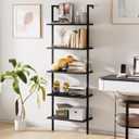 aboxoo Ladder Shelf Open 5-Tier Bookshelf Wall-Mounted Black Wood Bookcase Storage Rack Open Industrial Modern Plant Stand Utility Organizer Bookcase Metal Frame Furniture Office Bedroom