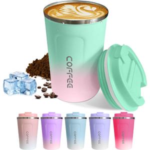 Travel coffee mugs leak-proof, reusable coffee cups with lids, stainless steel vacuum thermos coffee tumblers,thermal insulation cups for men and women hot & cold drinks (2nd-Green Pink, 12OZ)