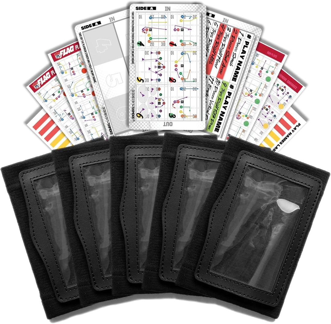 1NMORE 5v5, 7v7 Football Wristbands with Playbook System, Quarterback Wrist Coach for Youth, Flag Football Wrist Bands with Plays Stickers & PVC Cards