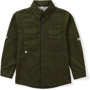 OCHENTA Boys' Button Down Long Sleeve Fishing Shirt Quick-Dry UV Sun Protection Outdoor Tops (13 Years, Army Green)