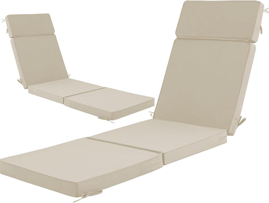 80 x 26 Inch Outdoor Chaise Lounge Cushions Set of 2 - Removable Cover, 4-Section Design, Water-Repellent & Fade-Resistant, 6 Tie Straps, Replacement for Patio & Pool Chairs - Cream