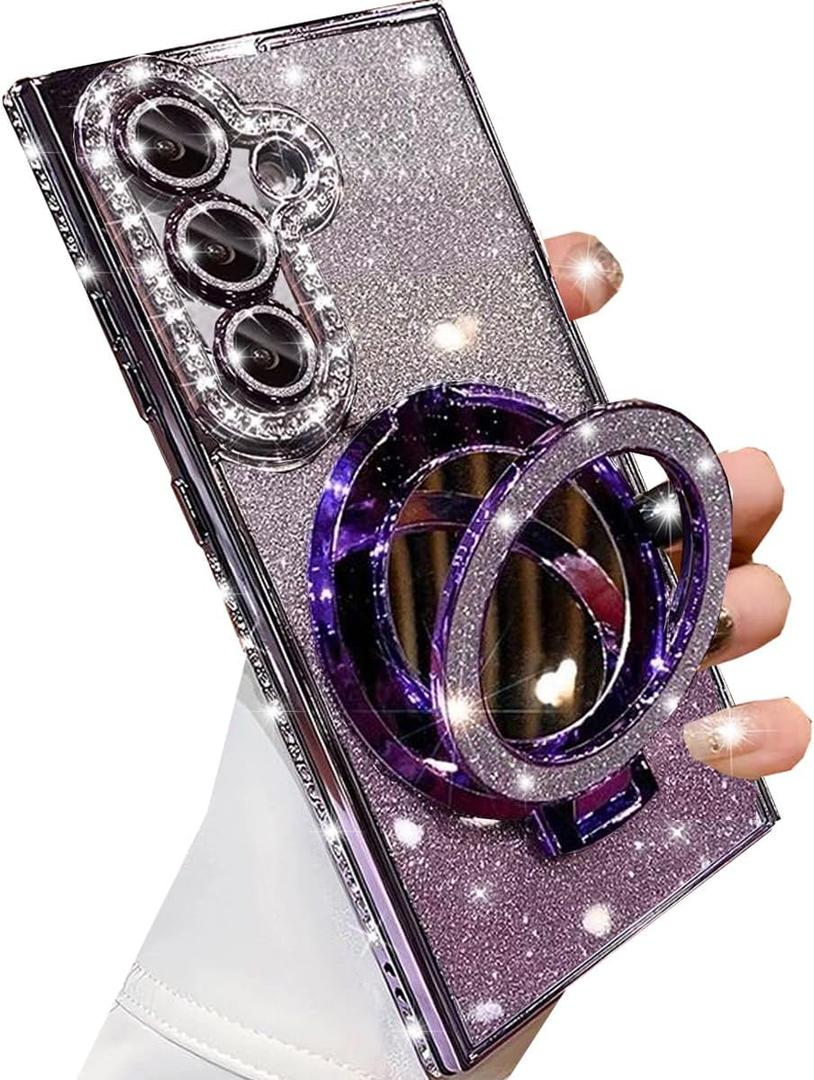 Changjia for Samsung Galaxy S26 Magnetic Kickstand Glitter Case,[Compatible with Magsafe] Cute Bling Sparkly Rhinestones with Camera Lens Protector Makeup Mirror Women Girls Case for Galaxy S26,Purple