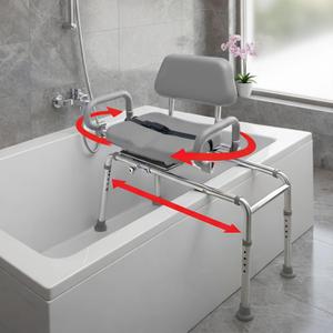 Carousel Sliding Shower Chair Transfer Bench with Swivel Seat, Premium Padded Bath, with Pivoting Arms, Adjustable Space Saving Design for Tubs, Shower, for Handicap & Seniors, Gray