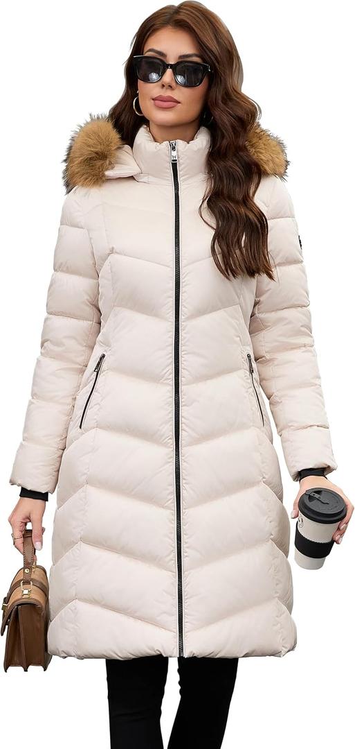 PAPILLON D'OR WEAR YOUR WINGS Women's Long Puffer Coat with Detachable Faux Fur Collar Hood Pockets Winter Jacket, Pink Beige XXL