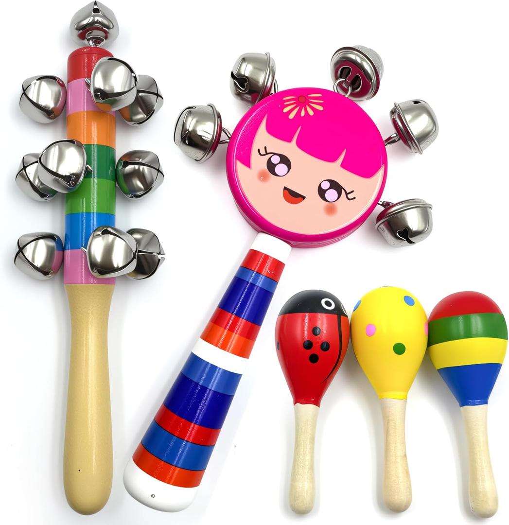 Wooden Jingle Hand Bells Set 20 Pcs Rainbow Stick Shakers Maracas Rattles for Kids Toddlers Babies Early Learning Musical Instrument Toys