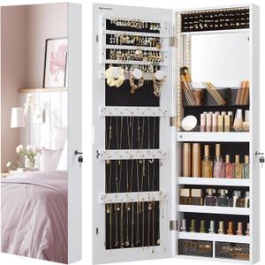 SONGMICS Mirror Jewelry Cabinet Armoire Organizer, Wall or Door Mount Storage Cabinet with Full-Length Frameless Lighted Mirror, Built-in Makeup Mirror, 2 Drawers, Lockable, White UJJC013W01