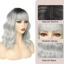 Short White Silver Wig with Bangs Ombre Grey Wigs for Women Girls Wavy Bob Wig Shoulder Length Synthetic Hair Dark Roots Wig for Halloween Cosplay Party Daily(14 Inches)
