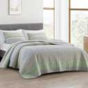 Chezmoi Collection Rene 3-Piece Boho Chic Patchwork Stripe Quilt Set - Green Gray White Plaid Candy Stripe Reversible Bedspread - Pre-Washed Cotton Lightweight Coverlet, King Size