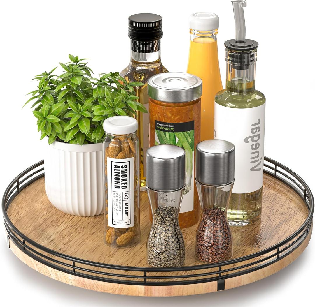 13" Lazy Susan Oak Wood Turntable Organizer for Cabinet, Farmhouse Round Wooden Lazy Susan Organization and Storage for Dining Table, Pantry, Kitchen, Bathroom, Countertop, Cupboard, Home Decor (Brown & Black)