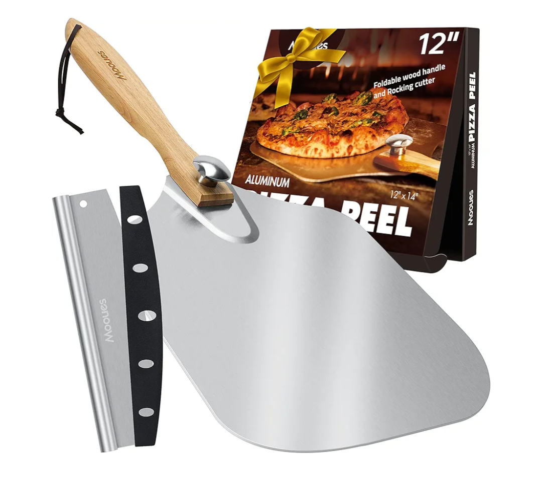 Pizza Peel Aluminum Pizza Spatula, Mooues 12 inch Metal Pizza Paddle(12"x 14")with Rocker Cutter Foldable Wood Handle, [Storage bag included], for Family Pizza Oven Baking Pizza, Dough, Bread & Pastry