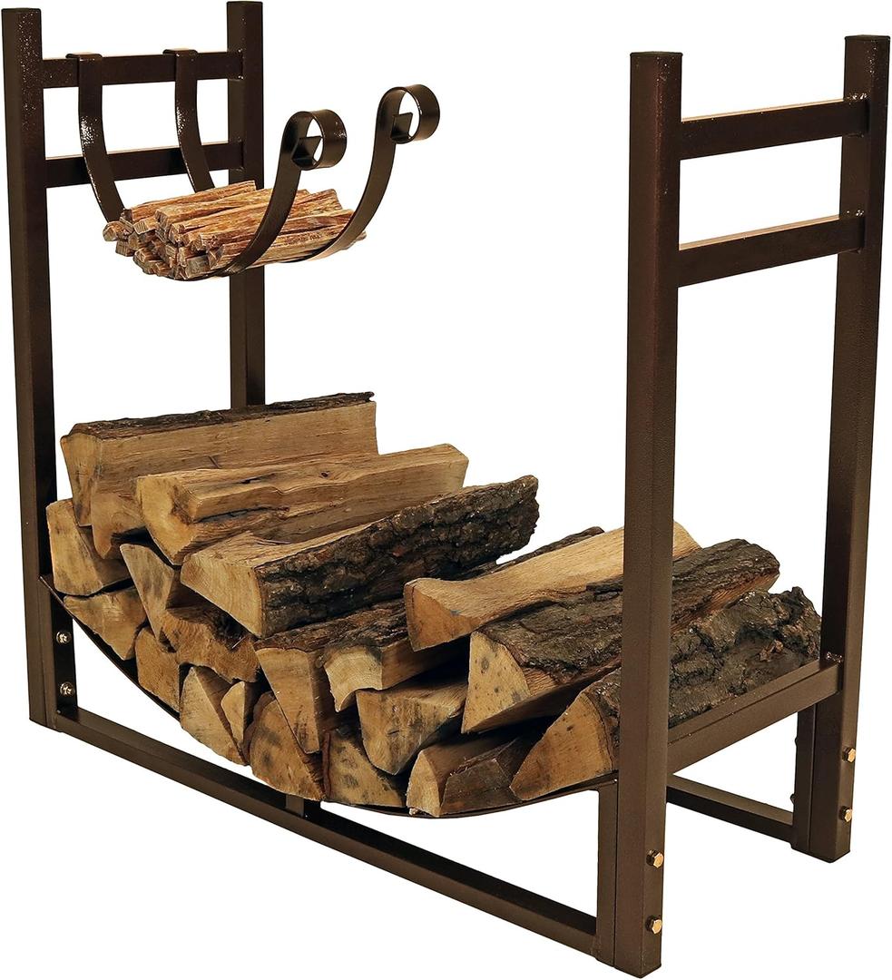 Sunnydaze 33" Indoor Firewood Rack with Kindling Log Holder - Heavy-Duty Outdoor Wood Storage for the Fire Pit or Fireplace - Bronze