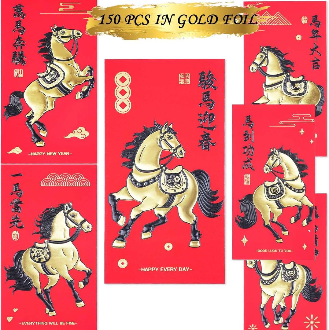Chinese New Year Red Envelopes Lunar New Year Envelopes Red Envelope Horse 2026 Li Xi Lucky Money Best Wishes Envelope Black Gold 36 Pcs Large
