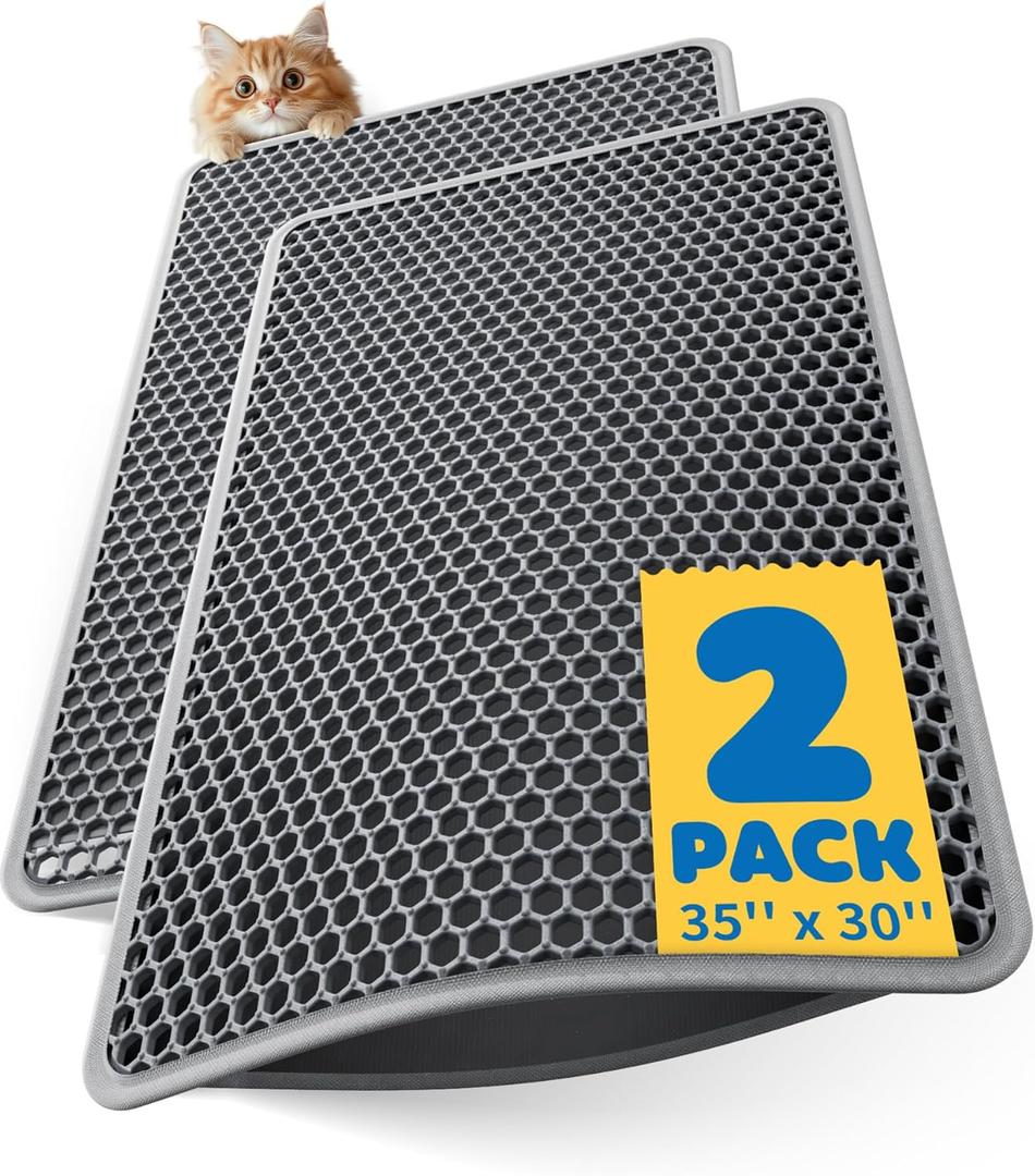 35" x 30" Cat Litter Mats (2-Pack) - Ultra-Large Litter Box Mats with Double Layers, Urine-Proof and Non-Slip Litter Trapping Mats, Easy to Clean Kitty Litter Mats for Floor, Scatter Control, Grey