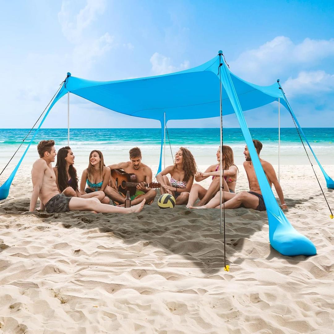 Beach Tent Sun Shelter - UPF50+ Pop Up Beach Canopy with Sandbags & Sand Shovel & Windproof Poles, Portable Sun Shade for Beach, Camping, Picnics, Backyard, Size: 10 x 10 FT 4 Pole