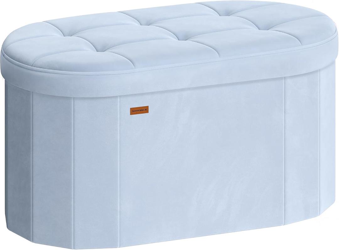 SONGMICS Folding Ottoman with Storage, Oval Bench, Velvet Fabric, 15"D x 30"W x 15"H