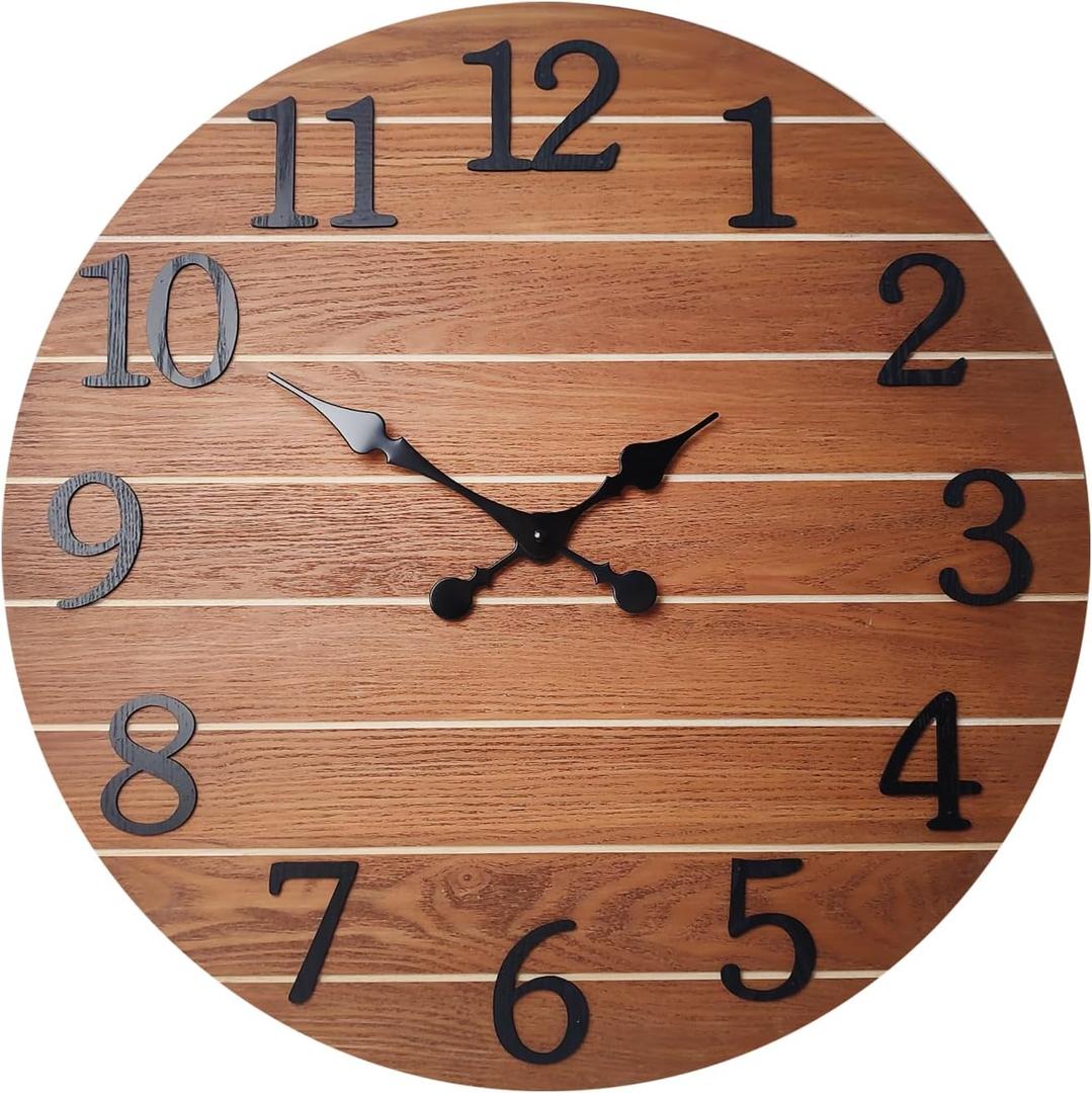 Decorative Clocks for Living Room 20 Inch Brown Solid Wood Wall Clock Silent Battery Powered Wall Clock Farmhouse