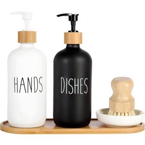 2 Pack Glass Soap Dispenser Set with Tray and Bamboo Dish Brush, Hand and Dish Soap Dispenser 16oz Kitchen Soap Dispenser Set Farmhouse Decor Soap Pump Bottle (Black & White)