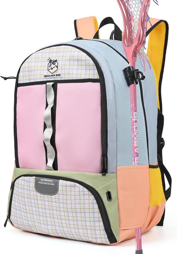 Boulder Bee Lacrosse Backpack with Stick Holders, Field Hockey Bag, Lacrosse Gift for Women (Blue & Pink)