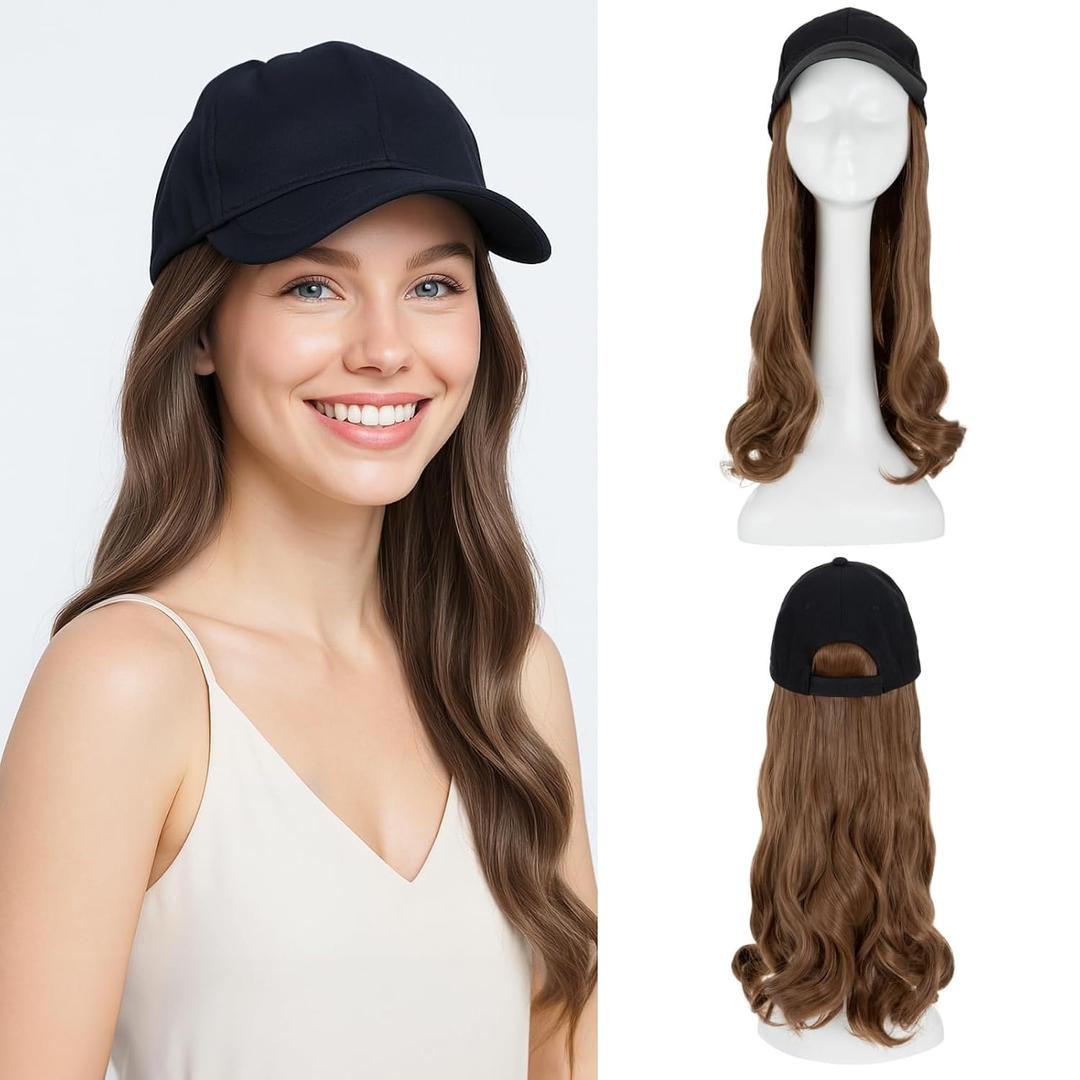 SEGO Hat Wig, Hat with Hair Attached for Women Black Baseball Cap with Hair Extensions, Long Wavy Baseball Cap Wig Adjustable Hats for Daily Party -16 Inch #12 Light Brown