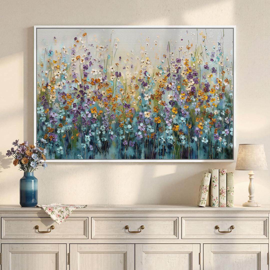 Framed Abstract Floral Wall Art, Blue Purple Green Flower Landscape Canvas Painting Prints, Modern Farmhouse Nature Colorful Wildflower Abstract Botanical for Living Room Bedroom Kitchen Decor, 24x36