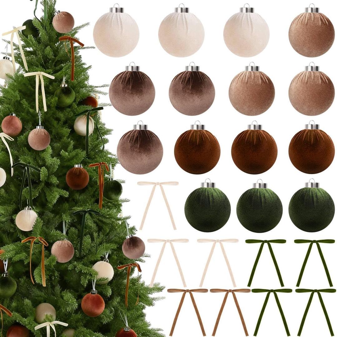 Roberly 30 Pcs Neutral Velvet Christmas Ornaments, 3.15" Flocked Hanging Balls with Velvet Bows Christmas Shatterproof Bulbs for Xmas Tree Holiday Home Decorations, Brown Green