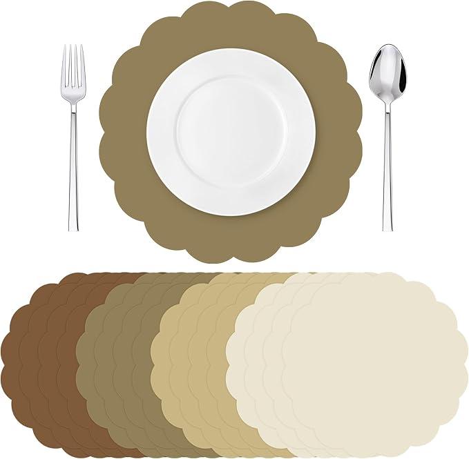 Tinlade Tinlade 80 Pcs Brown Paper Placemats 13 Inch Disposable Place Mats Decorative Round Scalloped Table Placemats for Wedding Banquet Bridal Birthday Party Supplies Dining Tableware Decor