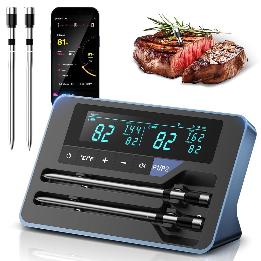 2025 AI Wireless Meat Thermometer, Smart Bluetooth Meat Thermometer Digital, 0.5F High Accuracy, Grill Temperature Probe for BBQ, Grilling, Smoker, Oven, Cooking, Air Fryer, 2 Probes