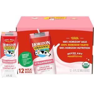 Horizon Organic Shelf Stable 1% Lowfat Strawberry Milk Boxes, Pack of 12 - 8g Protein per Serving (EXP 09/24/26)