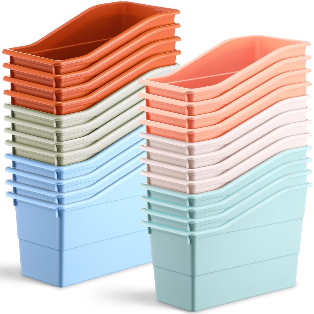 Affrolling 24 Packs Book Bins for Classroom Plastic Book Binder Holders Vertical Organizer Baskets Storage Boxes for Classroom Library Home Office Organization Stationery Supplies (Light Colors)