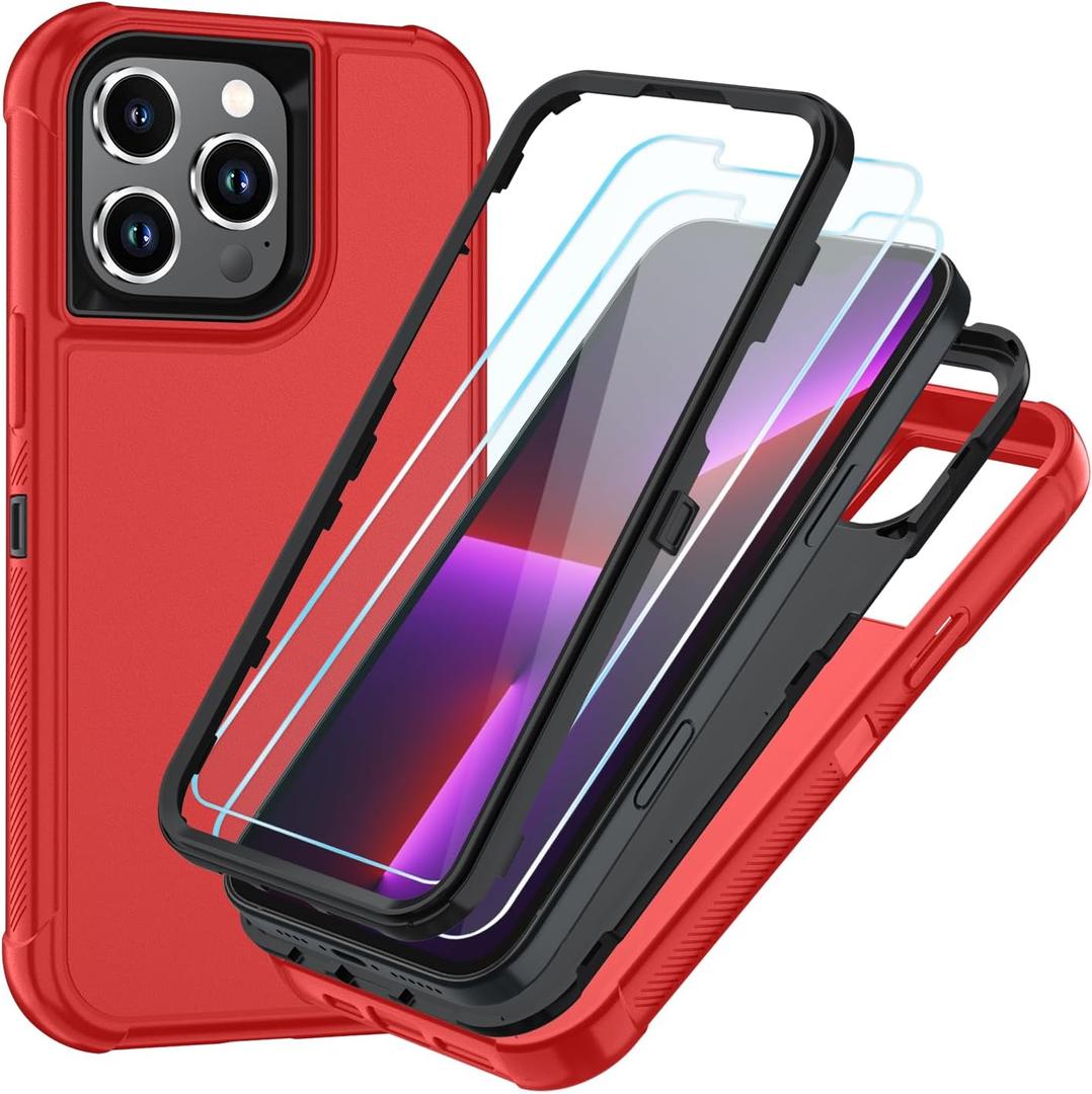 SunStory Compatible with iPhone 13 Pro Max Case with HD Screen Protector, 3-Layer Heavy Duty Full-Body Cover,3 in 1 Hybrid Protective Case for iPhone 13 Pro Max 6.7",Red