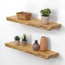Dreamland 24 Inch Floating Shelves, Rustic Elm Wood Live Edge Wall Shelf for Home Decor, 8 Inch Deep Floating Shelf for Wall, 24 x 8 Bathroom Shelves Set of 2, Natural Color