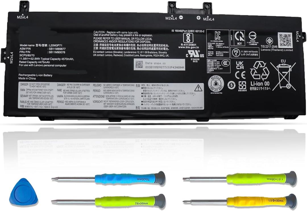 ASODI L20M3P71 Laptop Battery Compatible with Lenovo ThinkPad X13 Yoga Gen 2 Series SB11M89877 5B11M90076 11.58V 52.9Wh 4570mAh