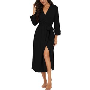 VINTATRE Women Kimono Robes Long Knit Bathrobe Lightweight Soft Knit Sleepwear V-neck Casual Ladies Loungewear (Black, M)