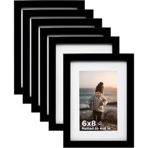 KINLINK 6x8 Picture Frame Black Set of 6, Wooden Photo Frames Matted 4x6 with Plexiglass for 4x6 with Mat or 6x8 without Mat for Table and Wall Display