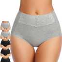 MISSWHO Women's High Waisted Cotton Underwear Soft Breathable Full Coverage Stretch Briefs Ladies Panties 5-Pack (Medium, Black*3 Grey*2)
