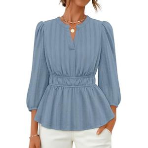 ZESICA Women's 2026 Fall Babydoll Peplum Tops V Neck Puff 3/4 Length Sleeve Shirts Dressy Casual Blouses,Dusty Blue,Medium