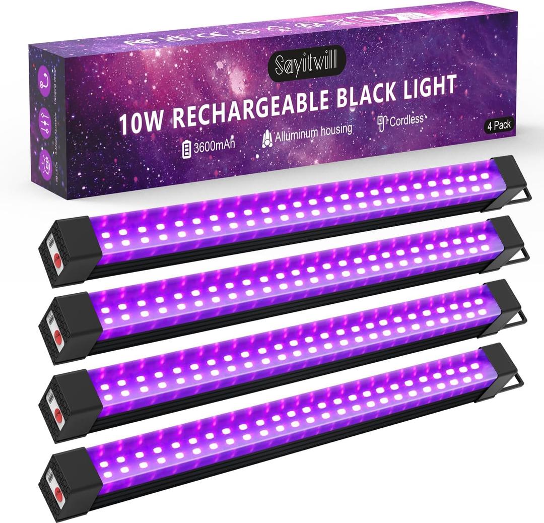 Rechargeable Black Light Bar 4 Packs, Battery Powered Black Lights for Glow Party, Cordless UV Strip Lights with On/Off/Dimma/Flash Switch, for Neon, Uranium Glass, Classroom, Paint, Poster, Stage