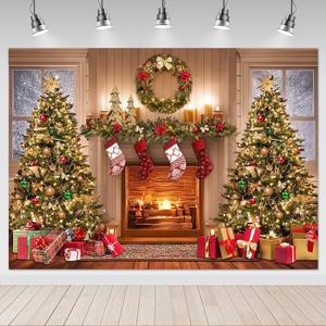 Mocsicka Christmas Fireplace Backdrop Winter Xmas Eve Cozy Family Party Photography Decorations Background Christmas Tree Gifts Red Socks Garland Christmas Fireplace Photo Prop Supplies (10x8ft)