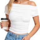 Women's Off Shoulder Short Sleeve T-Shirt Double Lined Front Casual Slim Fit Tops Y2K Going Out Crop Tops (White, S)