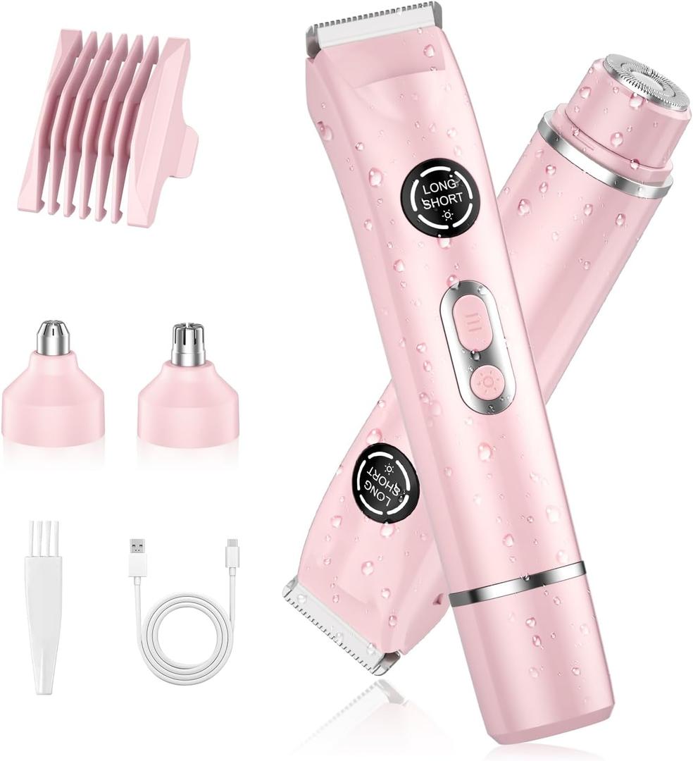 4-in-1 Bikini Trimmer for Women, Dual Head Electric Razors Shaver | Painless Bikini, Body & Facial Hair Remover | IPX7 Waterproof for Wet/Dry Use | Includes Nose & Eyebrow Trimmer Heads(Pink)