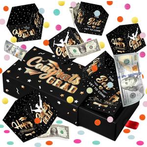 WenmthG 2026 Graduation Surprise Gift Box Explosion for Money - 10 Pcs Grad Pop Out Folding Bounce Money Gift Box with Confetti - Cash Gift Idea for Grad - Graduation Money Bank Party Supply (Black Gold)