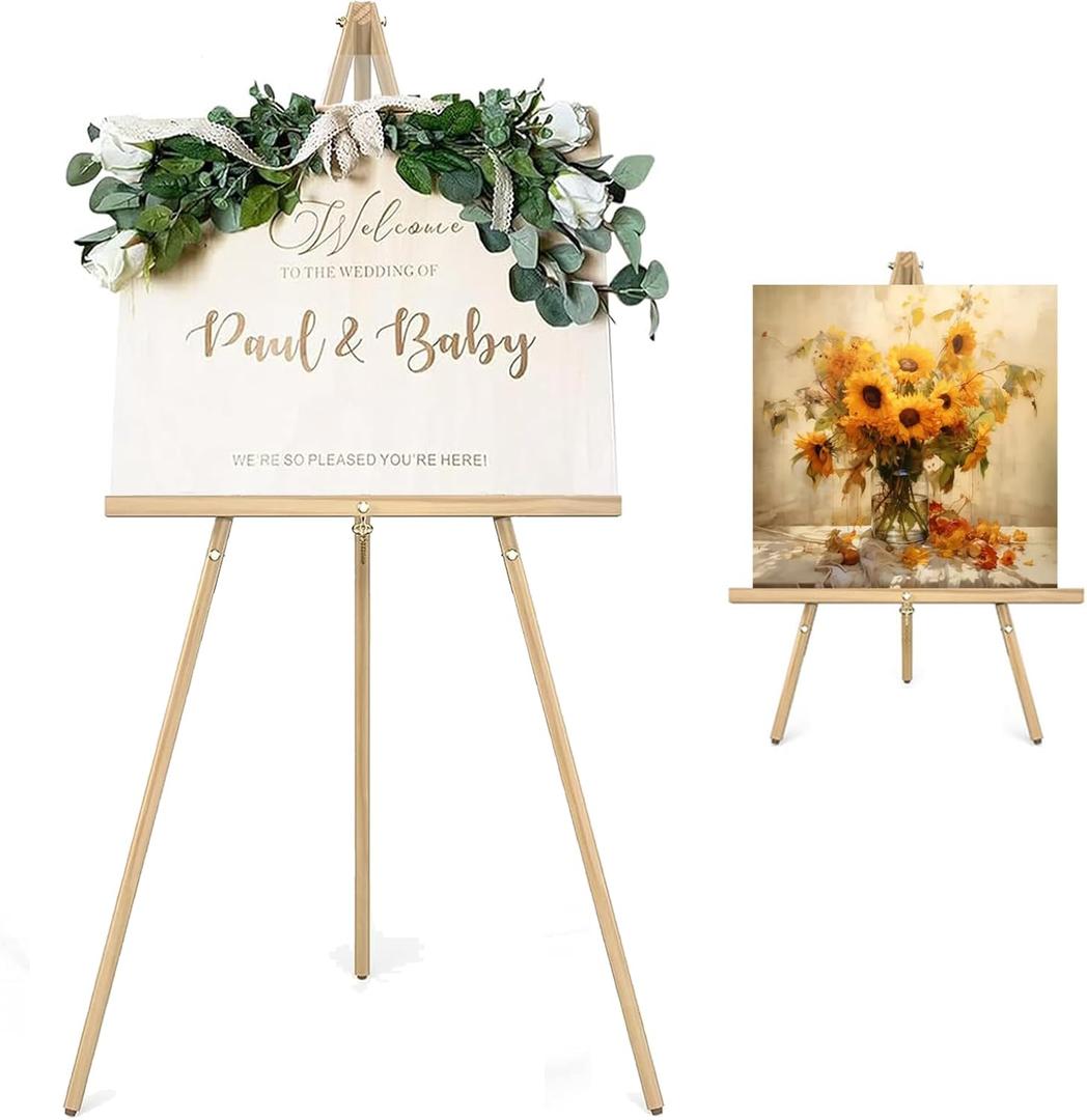 Wooden Easel Stand for Sign,63" Portable Painting Easel, Adjustable Poster Stand with Tripod Easel for Painting, Wedding Sign, Drawing, Canvas, Display Show (Natural)
