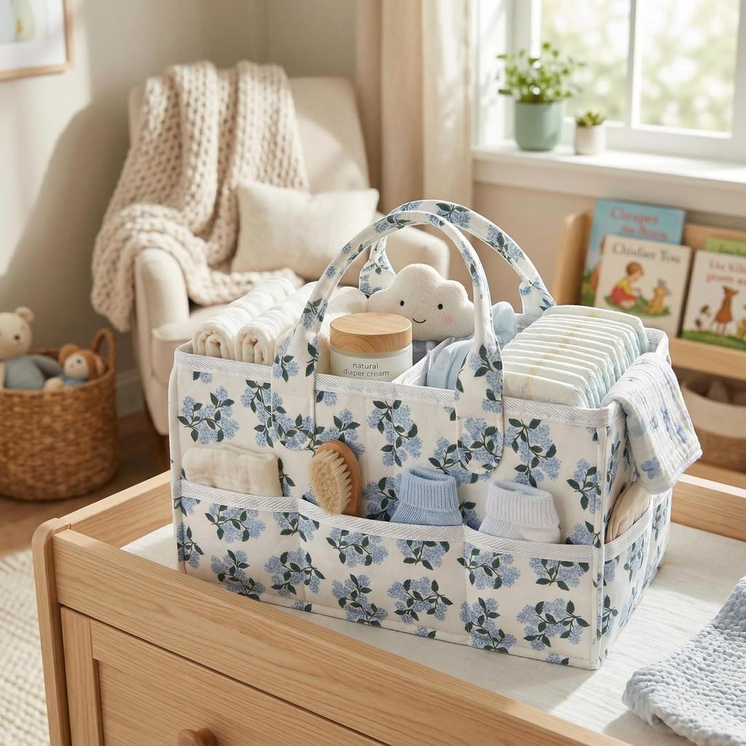 Floral Diaper Caddy Organizer with Removable Dividers Blue Flower Baby Nappy Caddy for Nursery/Car/Changing Table, Decorative Storage for Newborn Essentials Gift for New Mom