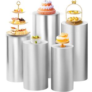 SaitiMade Set of 5 - Silver Cylinder Pedestal Stand Covers, Flexible Cylinder Stand Covers for Party, Wedding or Birthday Event Decor - Only Contains Cylinder Covers