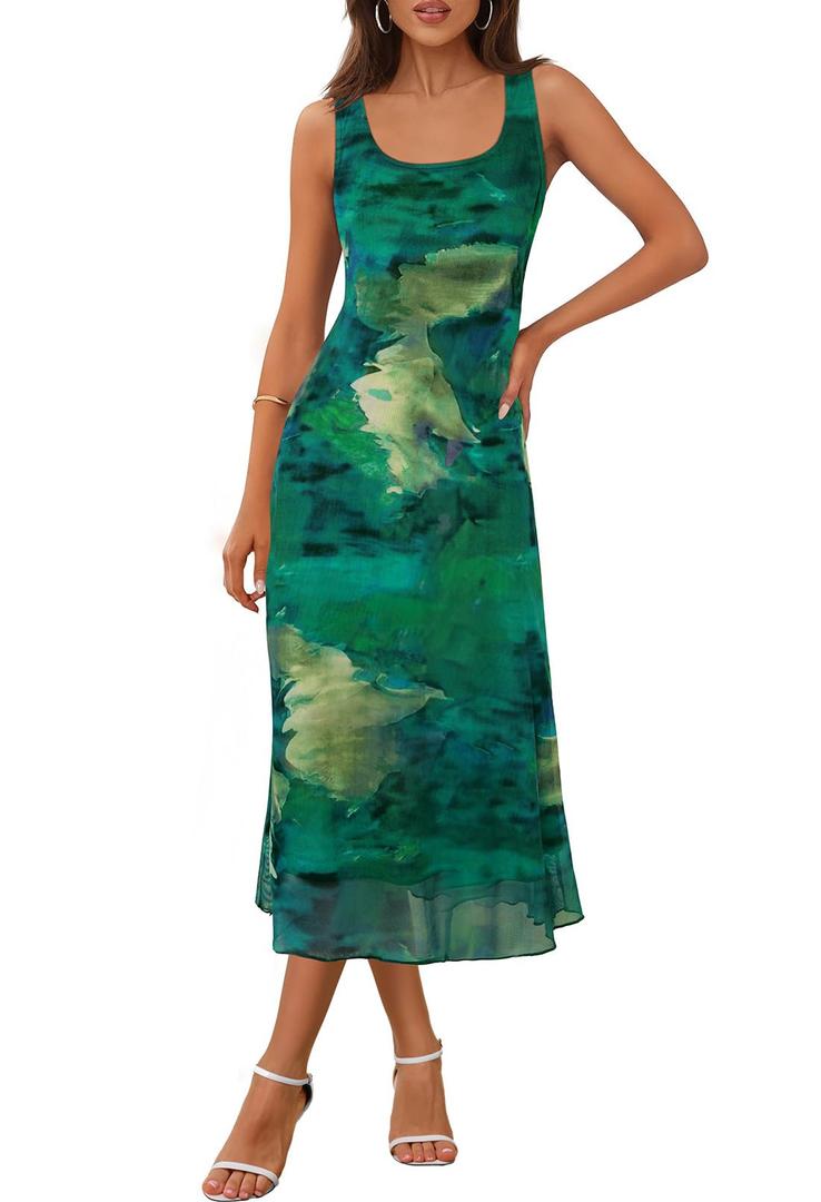 MEROKEETY Women's 2025 Summer Tie Dye Midi Dress Sleeveless Casual Stretchy Mesh Boho Beach Sundress, Green, Medium