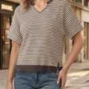 Fisoew Womens Short Sleeve Sweater Summer V Neck Striped Pullover Tops Casual High Low Loose Slit Cropped T Shirts Brown (M)