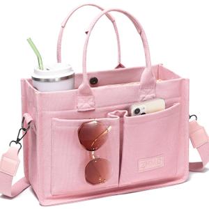 ZHMO Canvas Tote Bag for Women,Women's Bags Crossbody Bags Work Laptop Tote Bag Large Handbags Purse for Travel Nurse Teacher (Pink With Compartments)