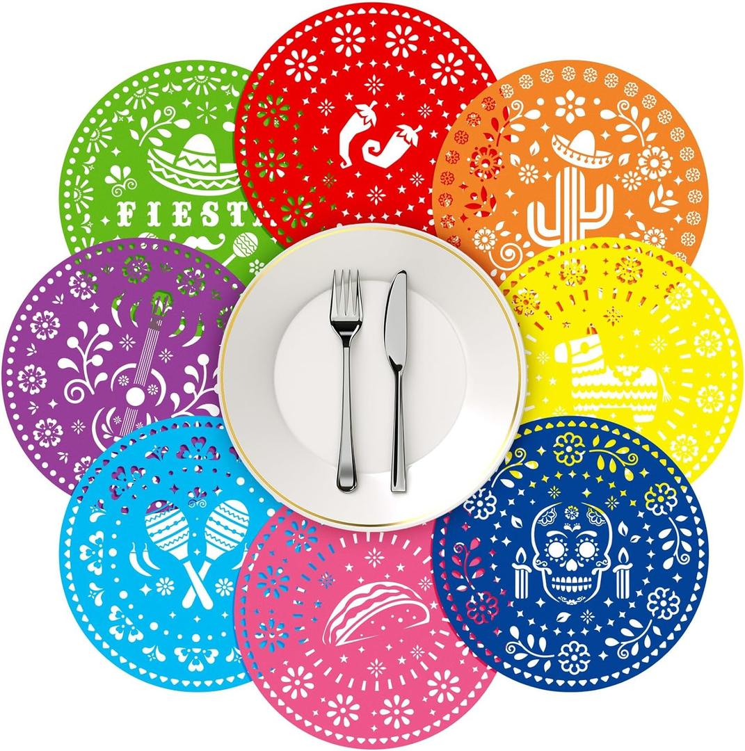 Havawish 104 Pieces Fiesta Paper Place Mats 13 Inch Mexican Papel Picado Fiesta Disposable Placemat Donkey Tacos Cactus Piata Round Table Mat for Day of The Dead Party Supplies Tableware Decor