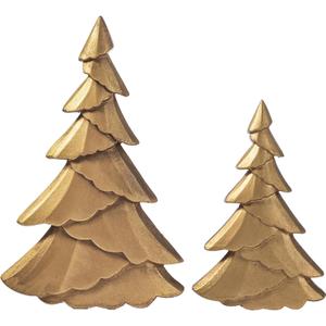 RM ROOMERS Christmas Tree Figurines Wooden, Set of 2 Gold Christmas Tree Vintage Tabletop Xmas Statues, Antique Decorative Xmas Trees for Desk, Mantel, Entryway, Rustic Holiday Centerpieces