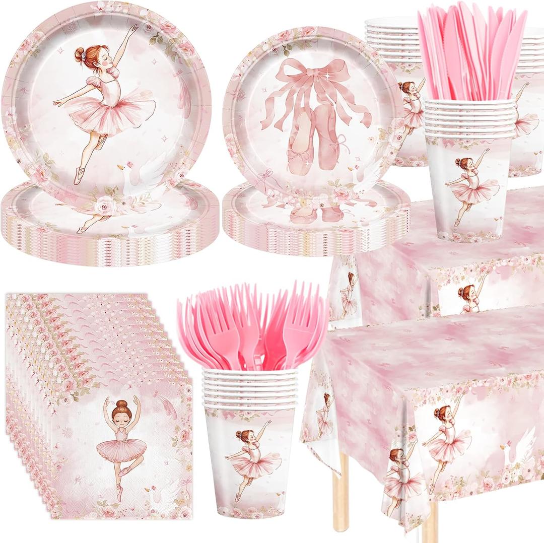 146Pcs Ballerina Birthday Party Supplies Tableware Plates Napkins Cups Cutlery and Tablecloth Ballet Birthday Party Decoration for 24 Guests
